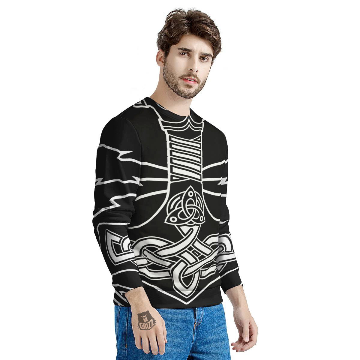 Younger Futhark And Mjolnir Print Men's Sweatshirt-grizzshop