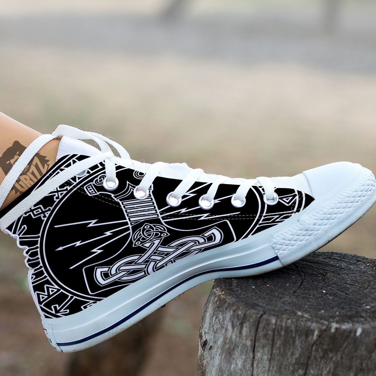Younger Futhark And Mjolnir Print White High Top Shoes-grizzshop
