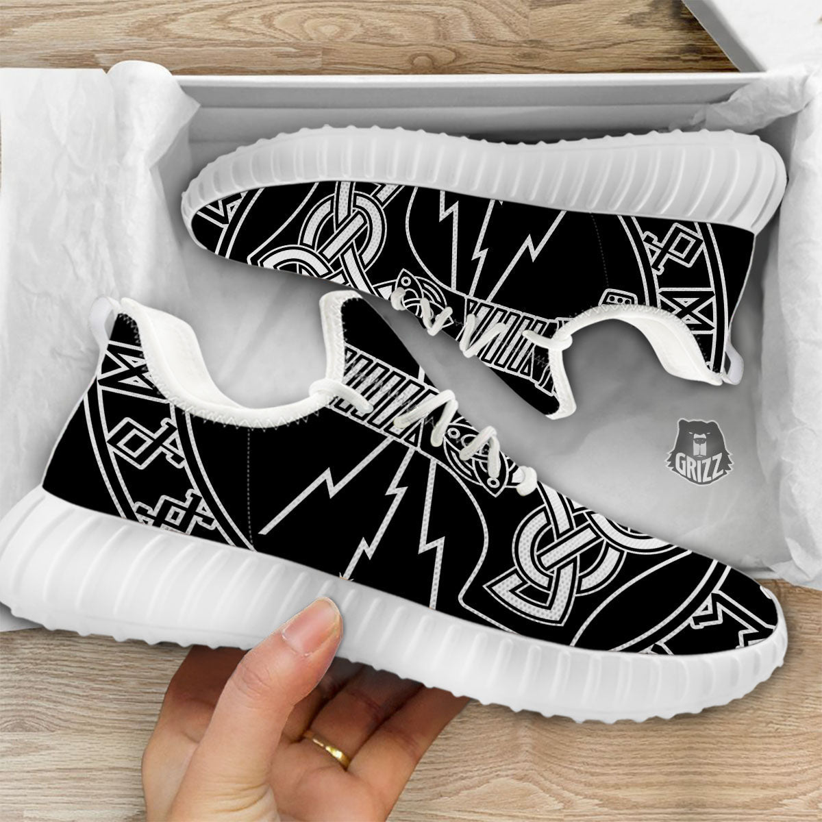 Younger Futhark And Mjolnir Print White Walking Shoes-grizzshop