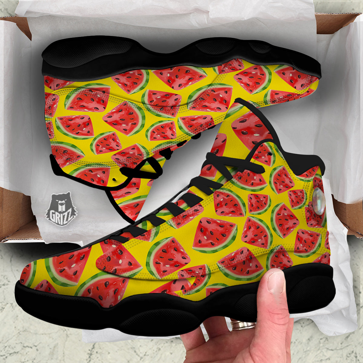 Yummy Watermelon Pieces Print Pattern Black Basketball Shoes-grizzshop