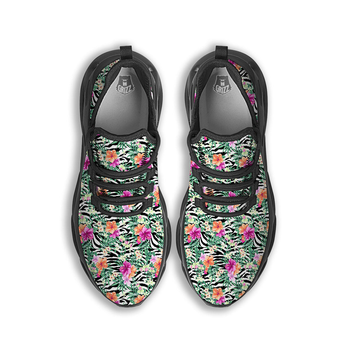 Zebra Floral Black White Print Pattern Black Running Shoes-grizzshop
