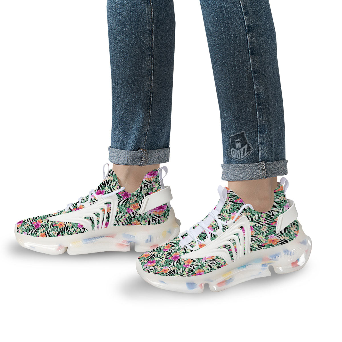 Zebra Floral Black White Print Pattern White Gym Shoes-grizzshop