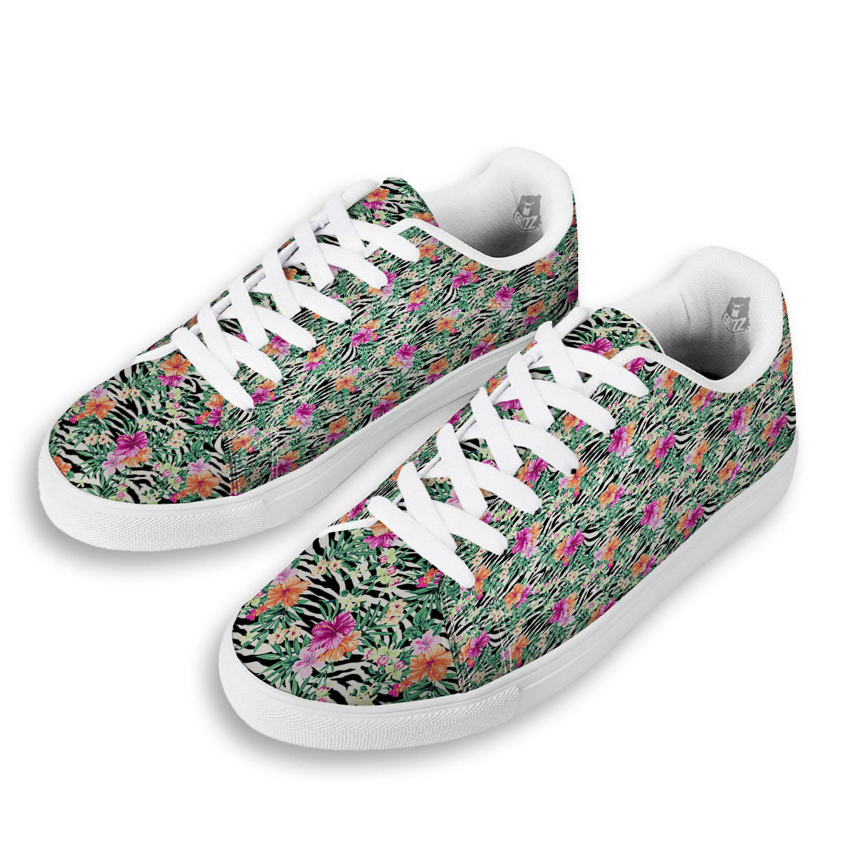 Zebra Floral Black White Print Pattern White Low Top Sneakers-grizzshop