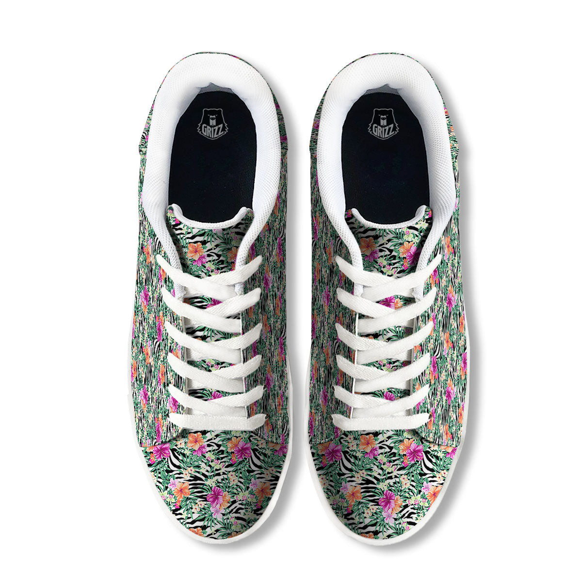 Zebra Floral Black White Print Pattern White Low Top Sneakers-grizzshop