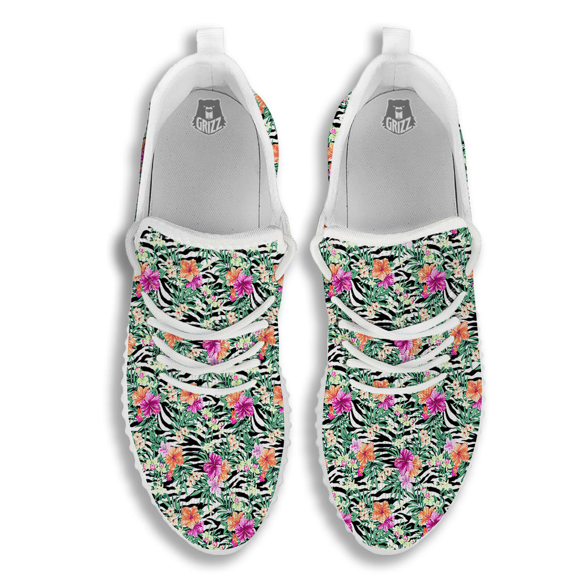 Zebra Floral Black White Print Pattern White Walking Shoes-grizzshop