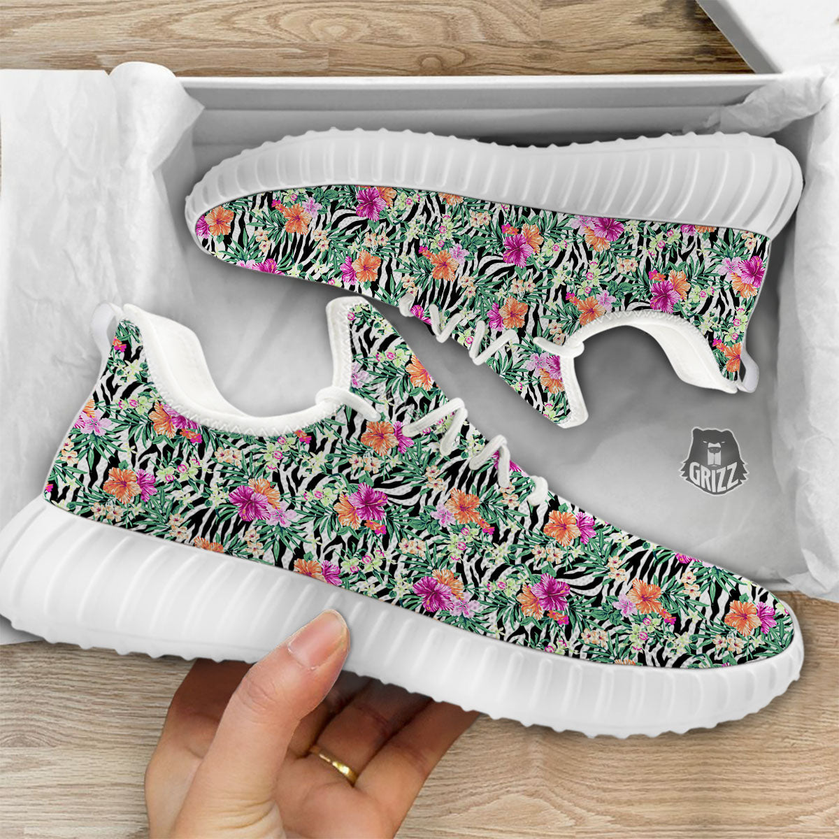 Zebra Floral Black White Print Pattern White Walking Shoes-grizzshop