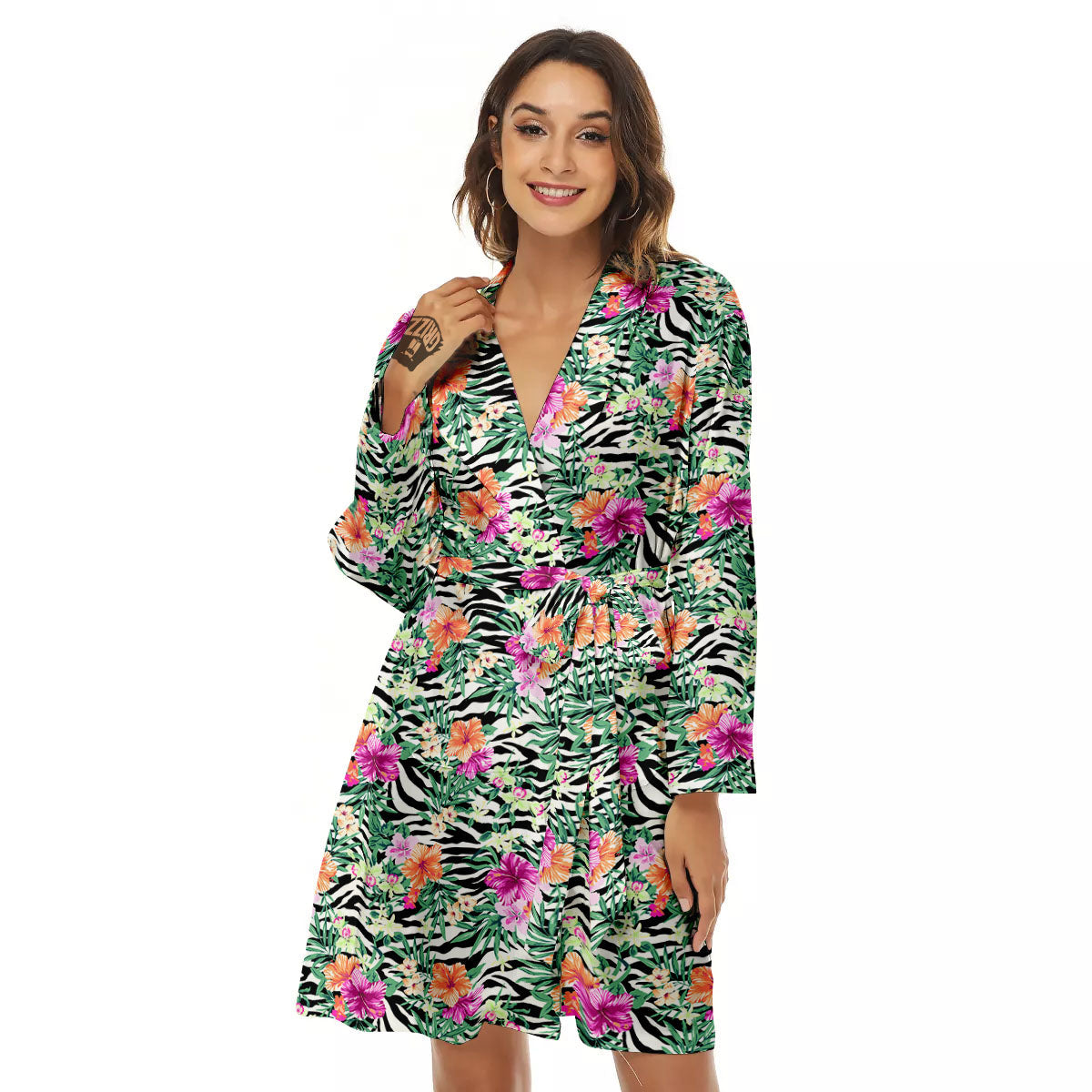Zebra Floral Black White Print Pattern Women's Robe-grizzshop