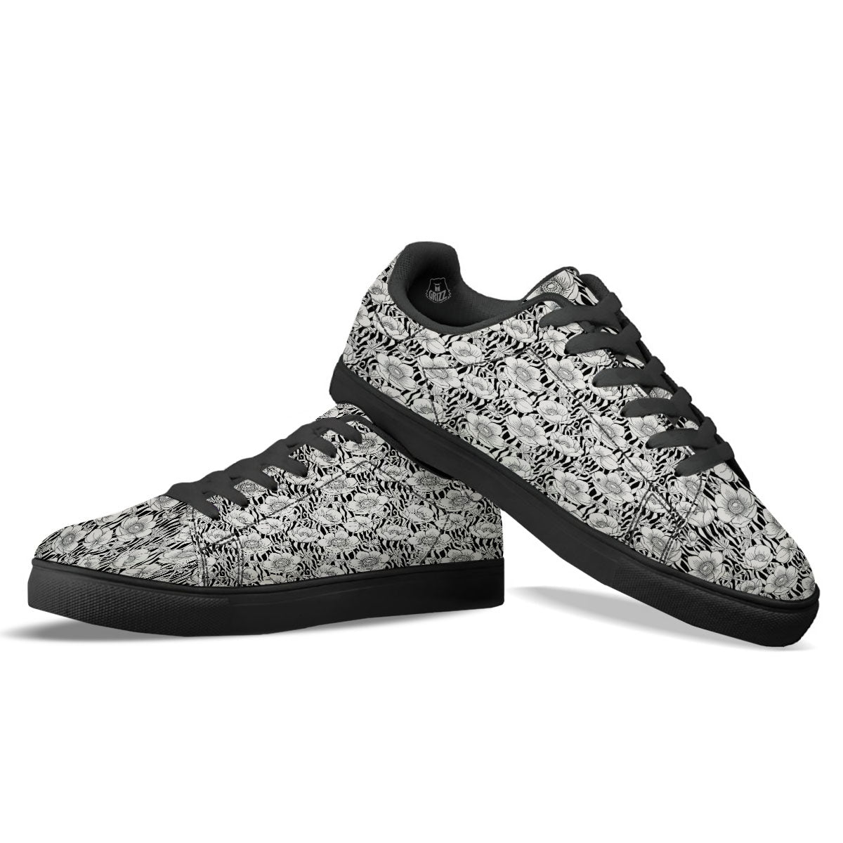 Zebra Flower Black White Print Pattern Black Low Top Sneakers-grizzshop