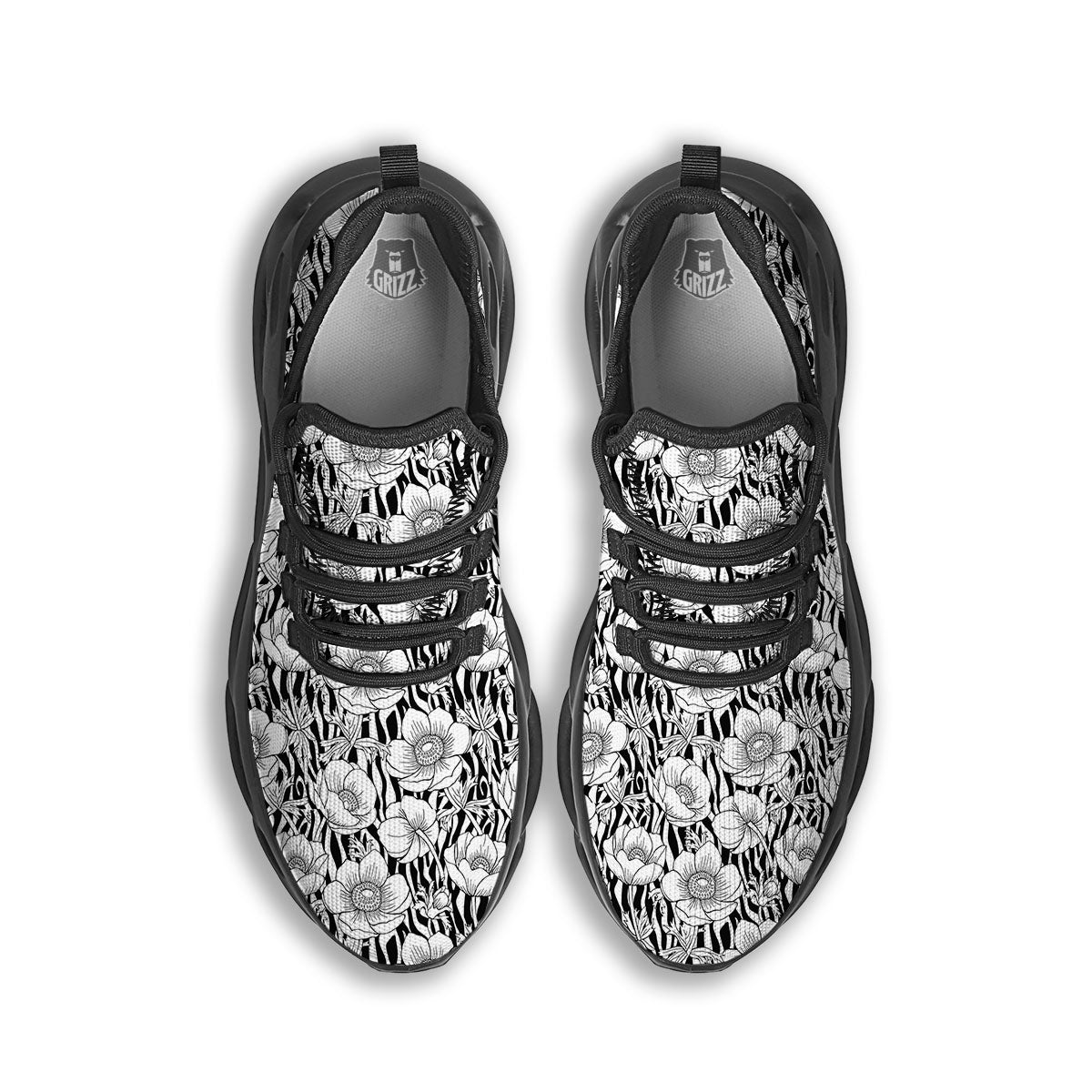 Zebra Flower Black White Print Pattern Black Running Shoes-grizzshop