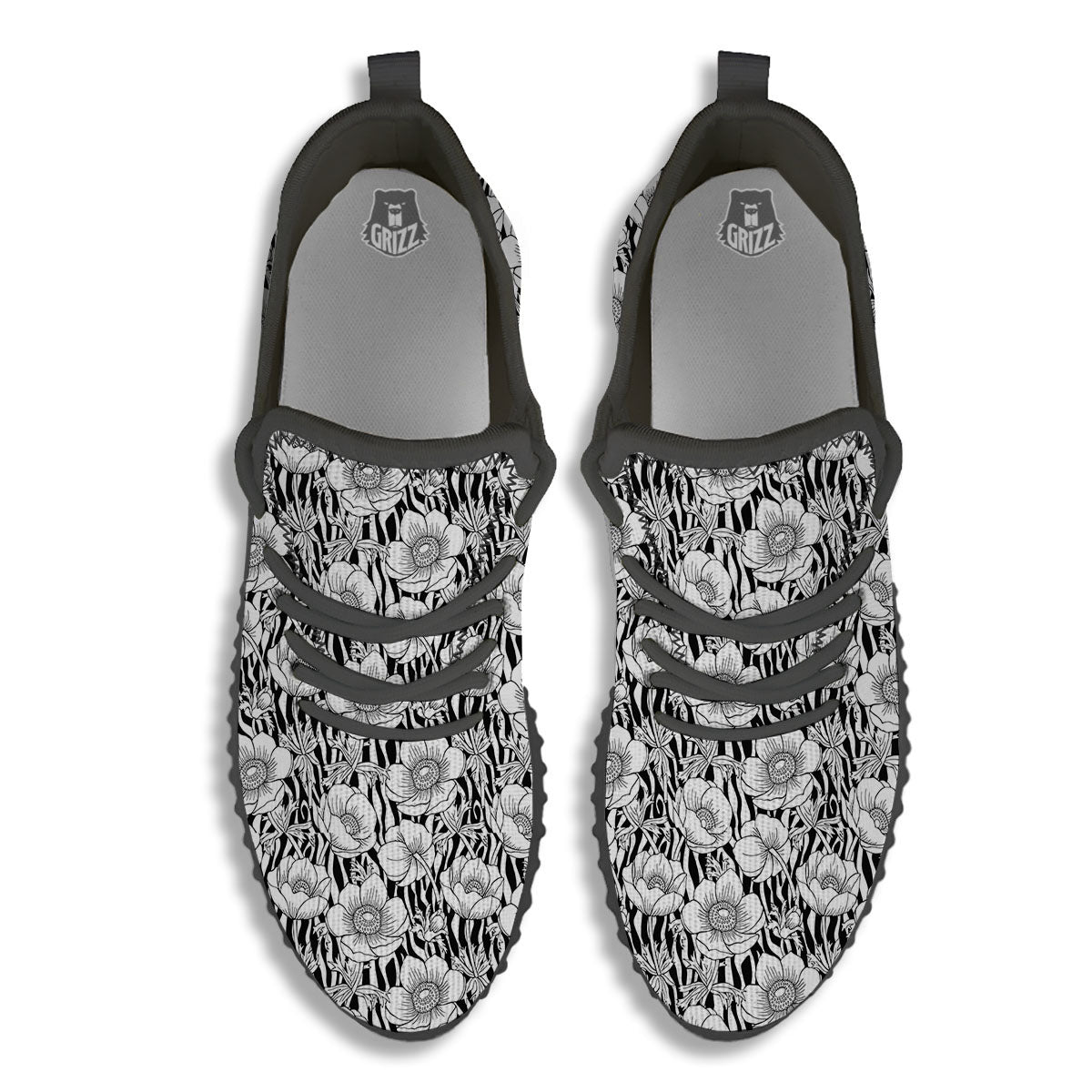 Zebra Flower Black White Print Pattern Black Walking Shoes-grizzshop
