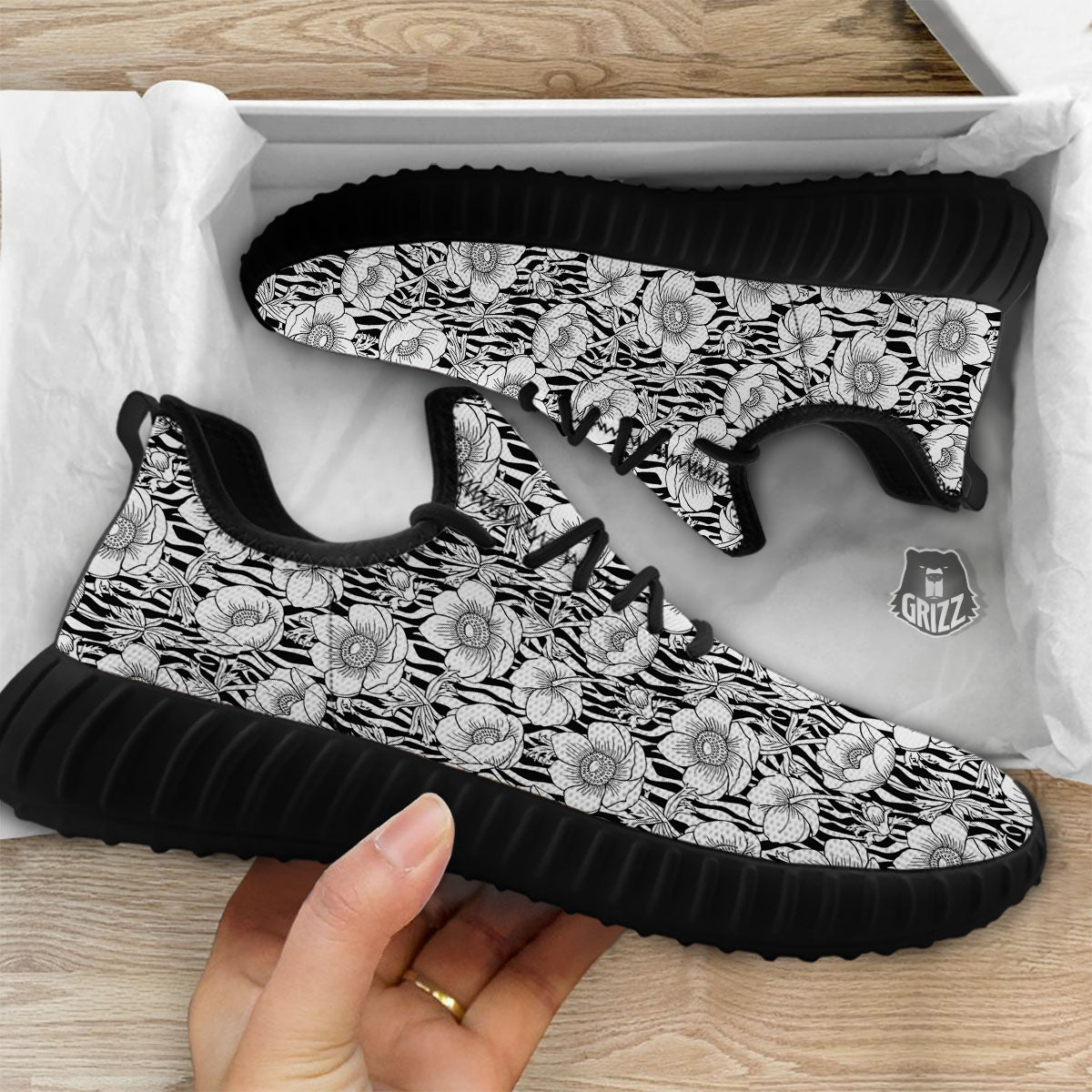 Zebra Flower Black White Print Pattern Black Walking Shoes-grizzshop