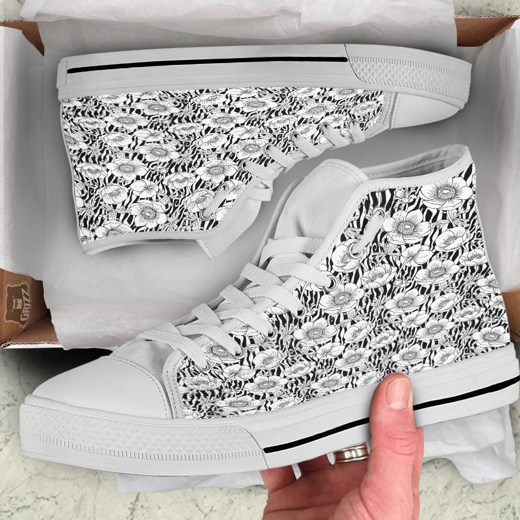 Zebra Flower Black White Print Pattern White High Top Shoes-grizzshop