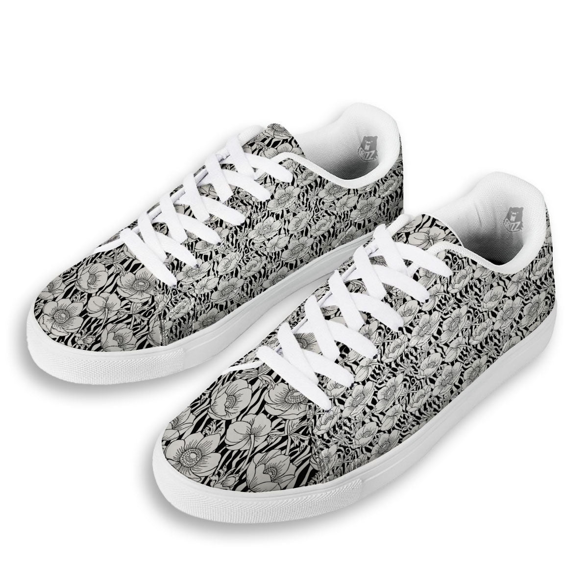 Zebra Flower Black White Print Pattern White Low Top Sneakers-grizzshop