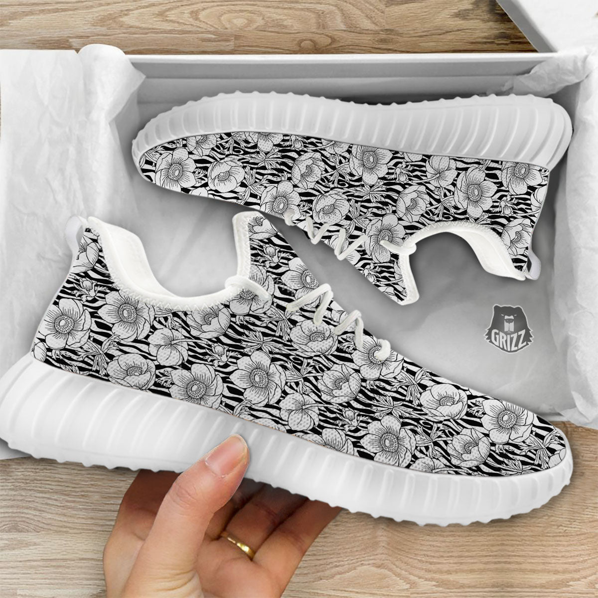 Zebra Flower Black White Print Pattern White Walking Shoes-grizzshop