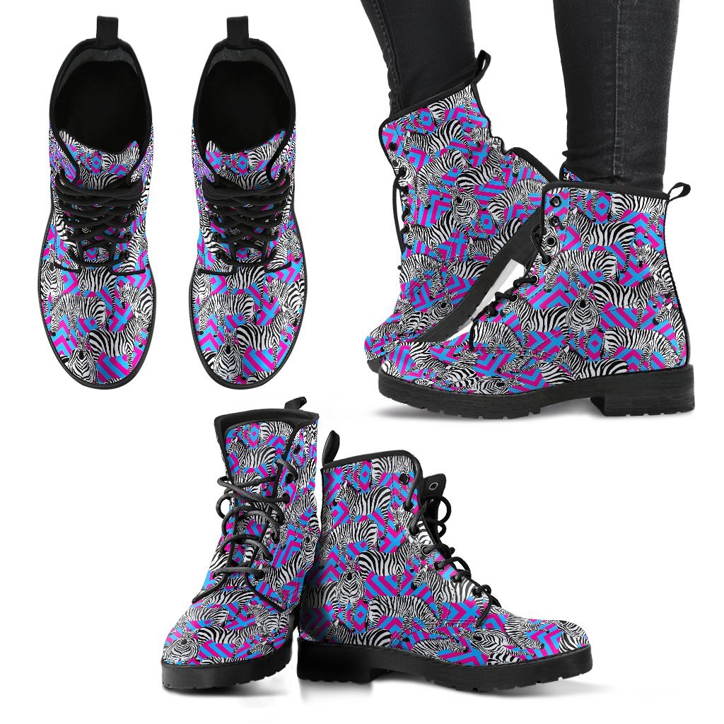 Zebra Neon Pattern Print Men Women Leather Boots-grizzshop