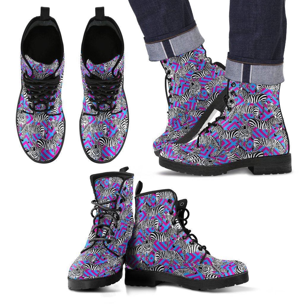 Zebra Neon Pattern Print Men Women Leather Boots-grizzshop
