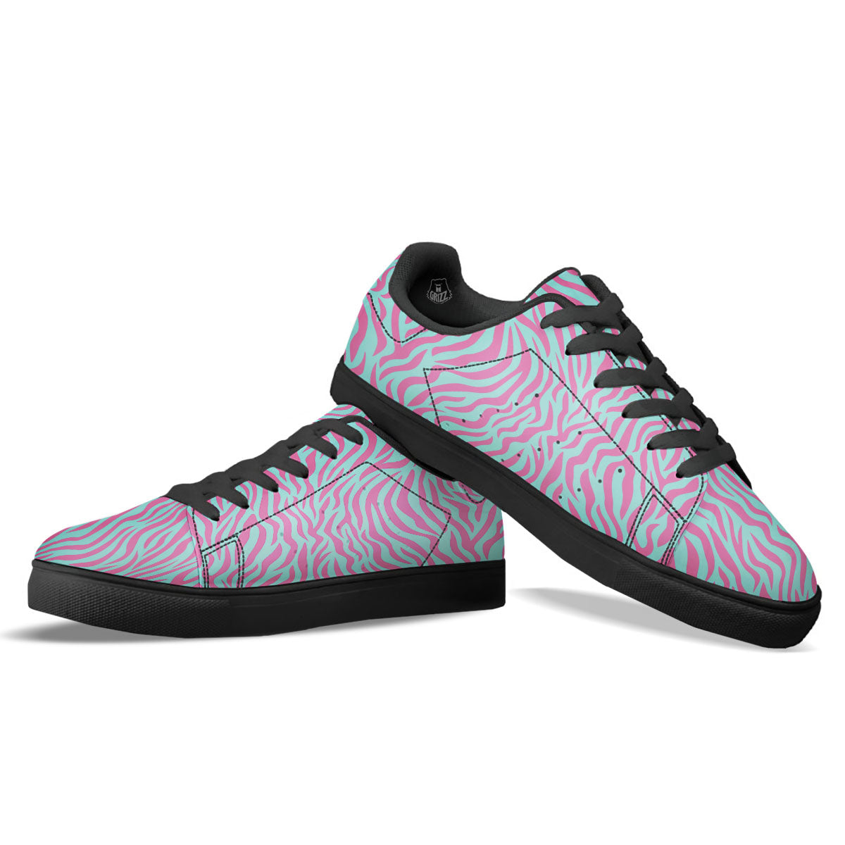 Zebra Stripes Blue And Pink Print Black Low Top Sneakers-grizzshop