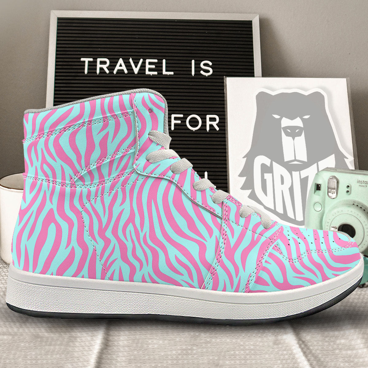 Zebra Stripes Blue And Pink Print High Top Sneakers-grizzshop