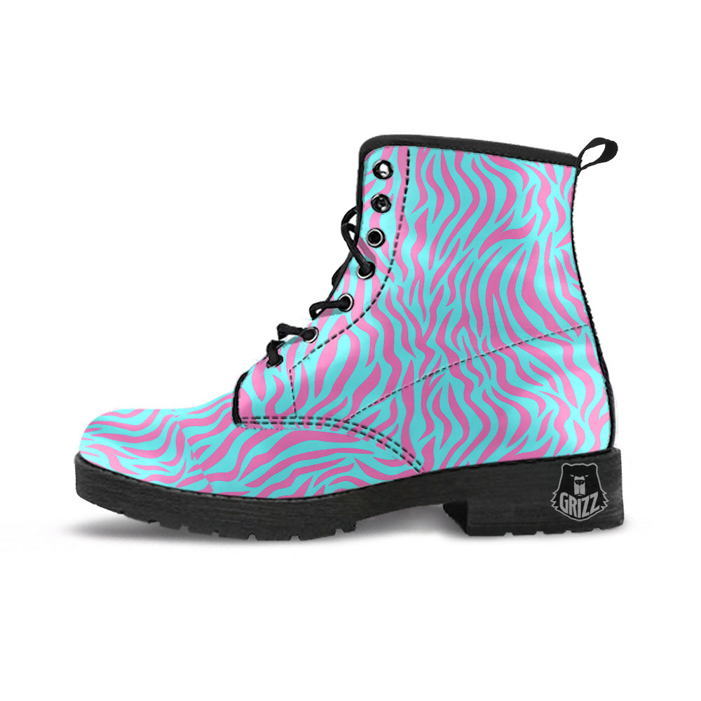 Zebra Stripes Blue And Pink Print Leather Boots-grizzshop