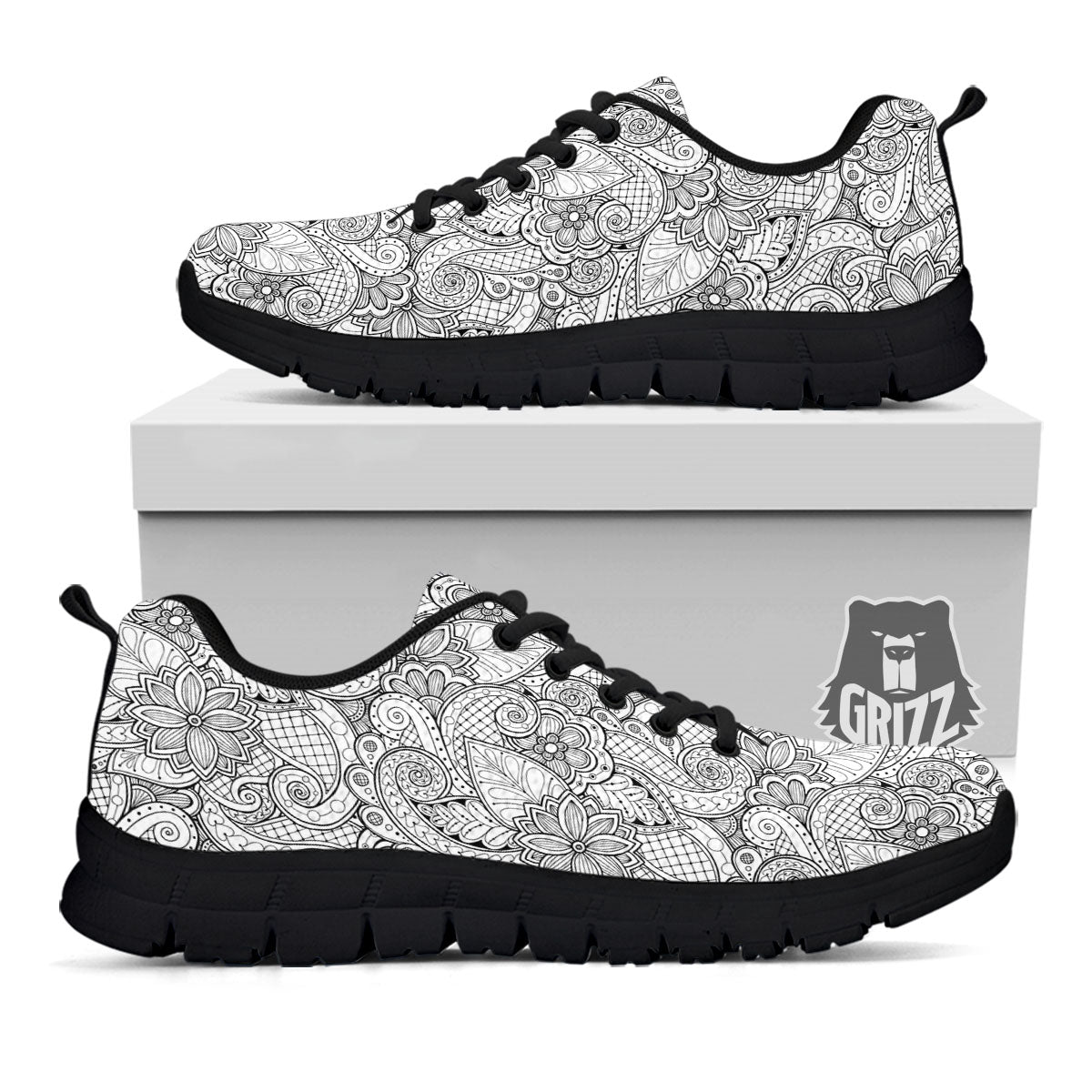Zentangle Monochrome Print Pattern Black Sneaker-grizzshop
