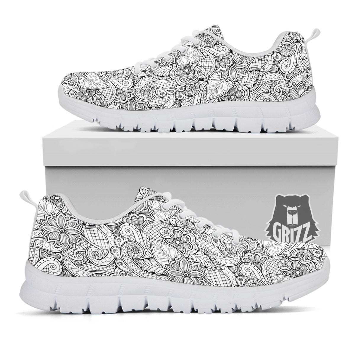 Zentangle Monochrome Print Pattern White Sneaker-grizzshop
