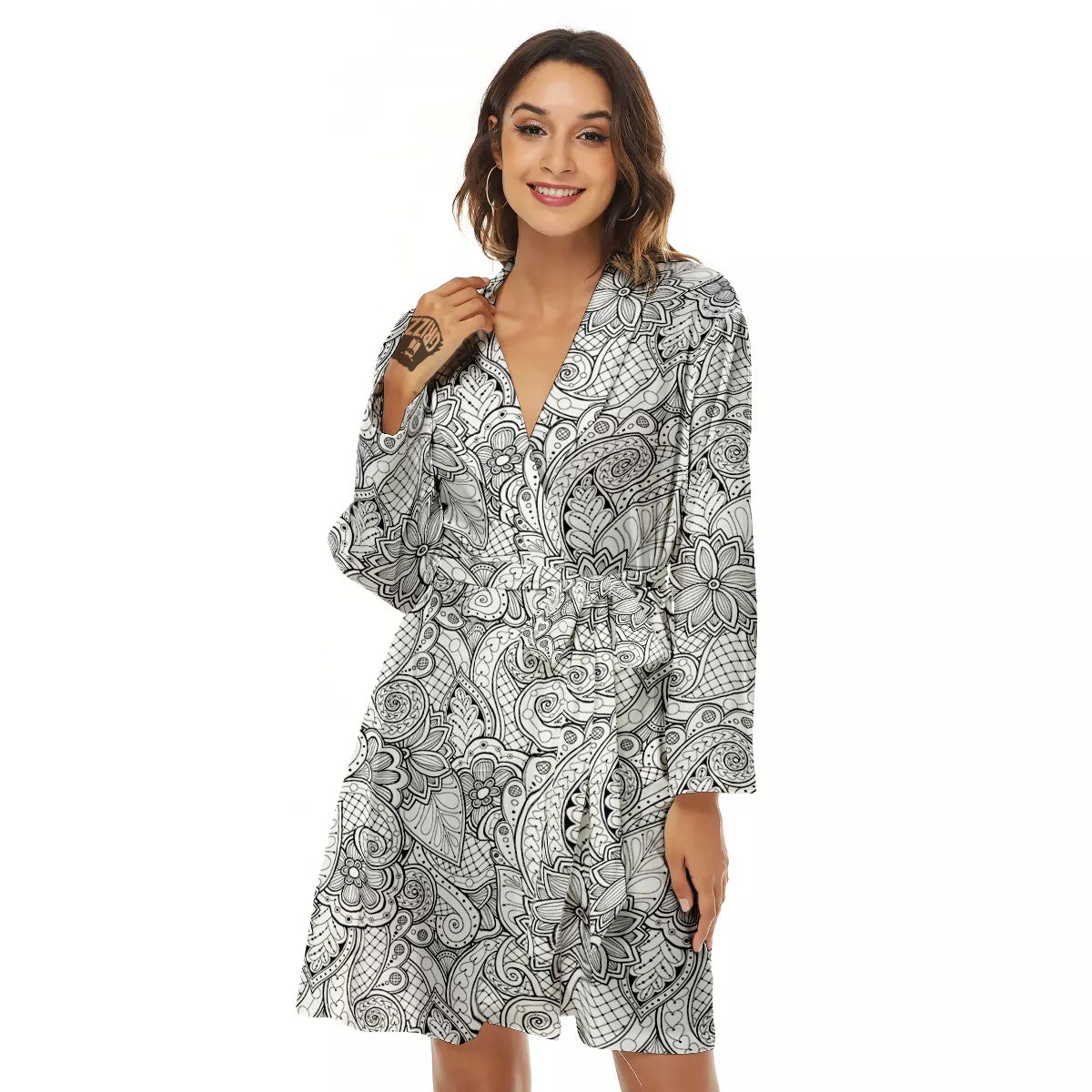 Zentangle Monochrome Print Pattern Women's Robe-grizzshop