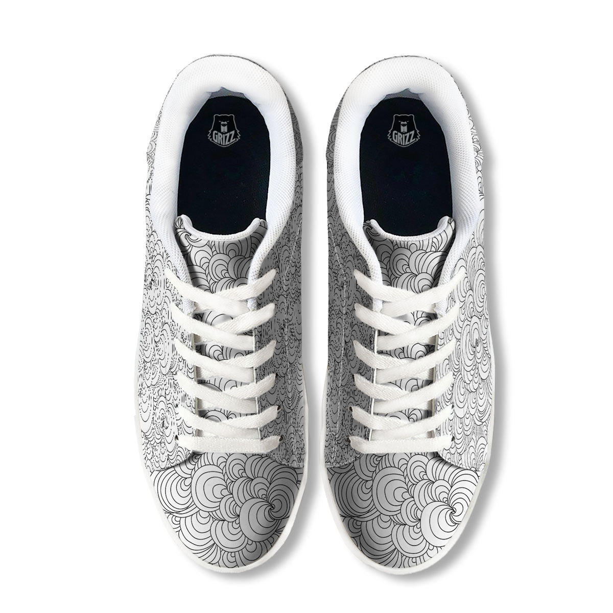 Zentangle White And Black Print Pattern White Low Top Sneakers-grizzshop