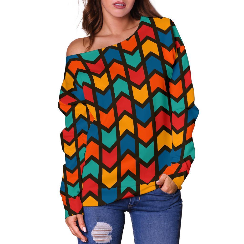Zig Zag Colorful Pattern Print Women Off Shoulder Sweatshirt-grizzshop