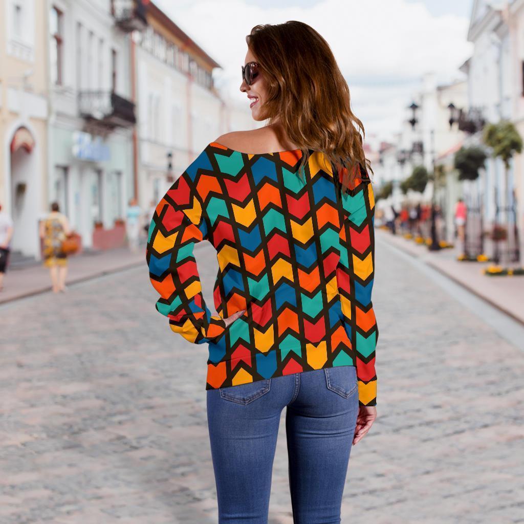Zig Zag Colorful Pattern Print Women Off Shoulder Sweatshirt-grizzshop