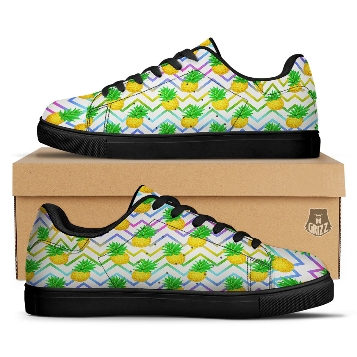 Zig Zag Neon Pineapple Print Pattern Black Low Top Sneakers-grizzshop