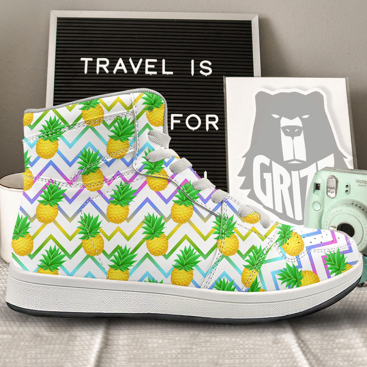 Zig Zag Neon Pineapple Print Pattern High Top Sneakers-grizzshop