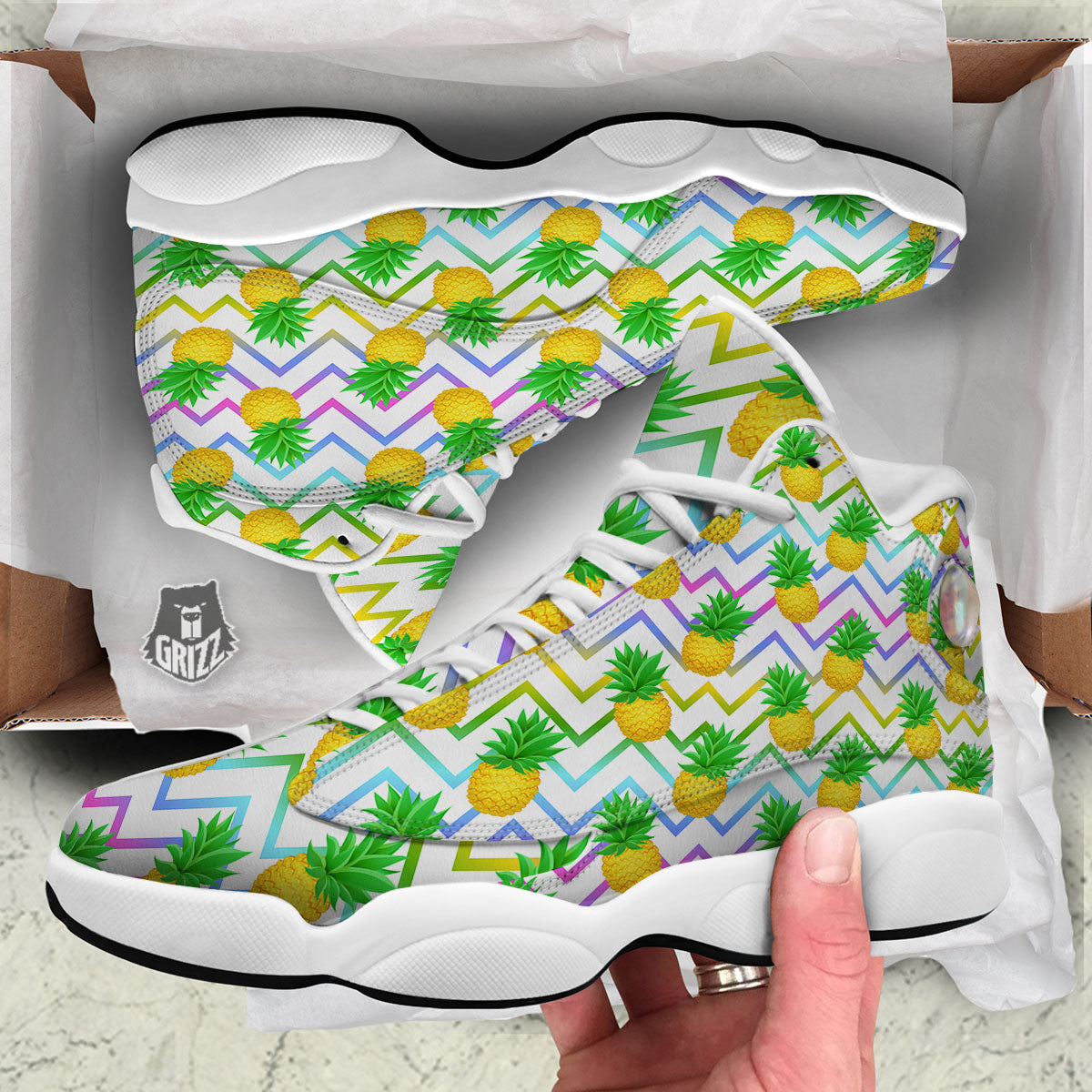 Zig Zag Neon Pineapple Print Pattern White Basketball Shoes-grizzshop