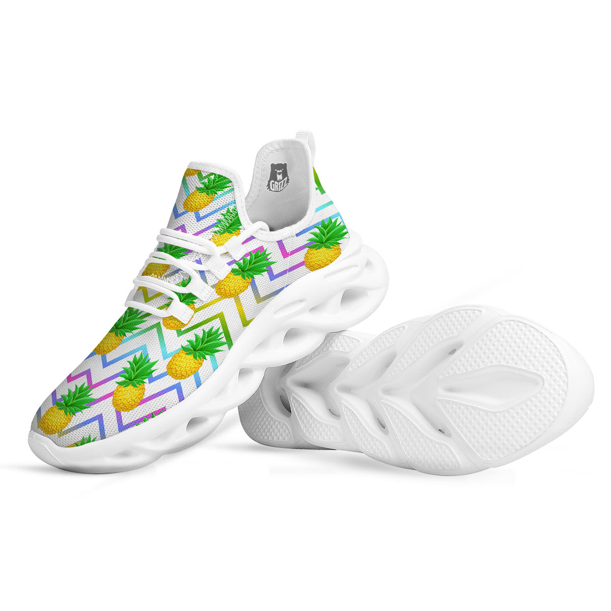 Zig Zag Neon Pineapple Print Pattern White Running Shoes-grizzshop