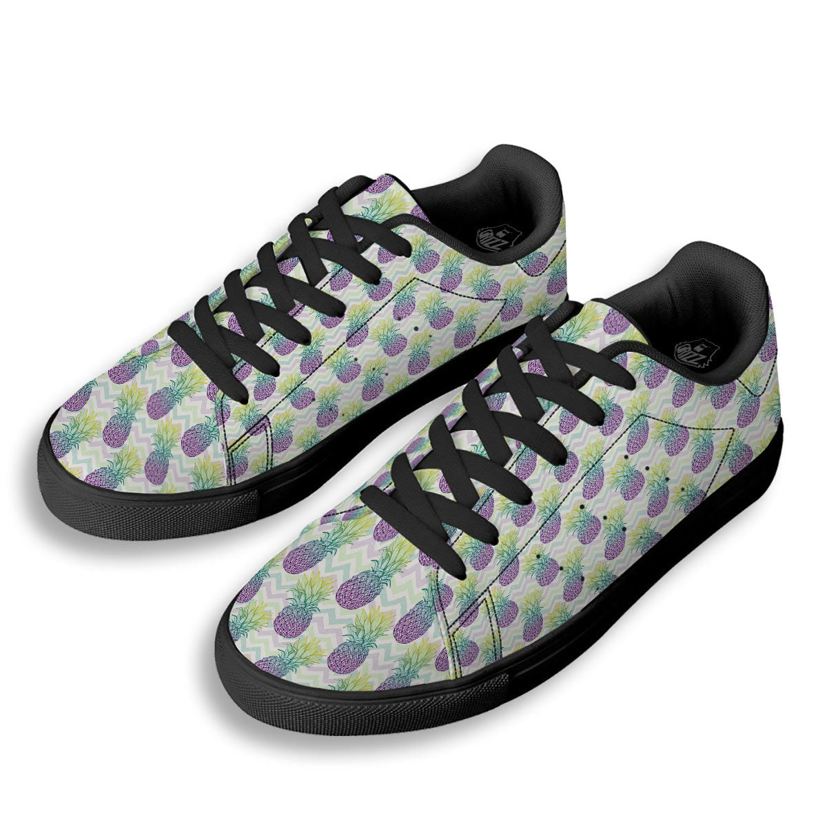 Zig Zag Pineapple Bright Print Pattern Black Low Top Sneakers-grizzshop