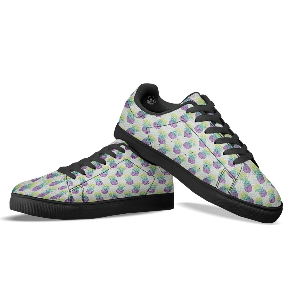 Zig Zag Pineapple Bright Print Pattern Black Low Top Sneakers-grizzshop