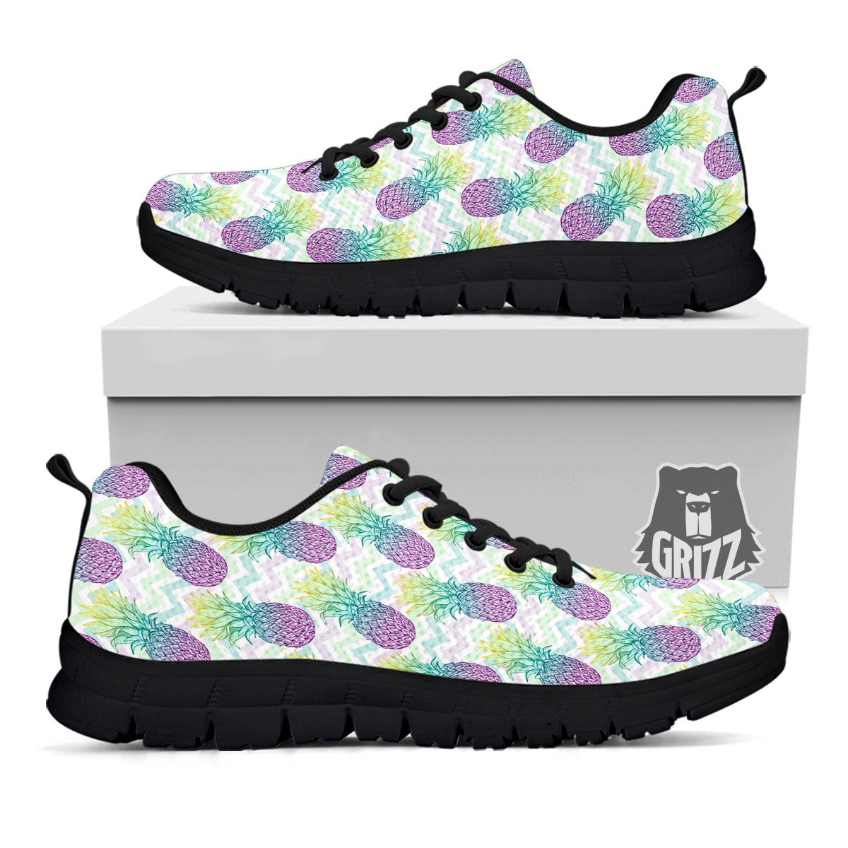 Zig Zag Pineapple Bright Print Pattern Black Sneaker-grizzshop