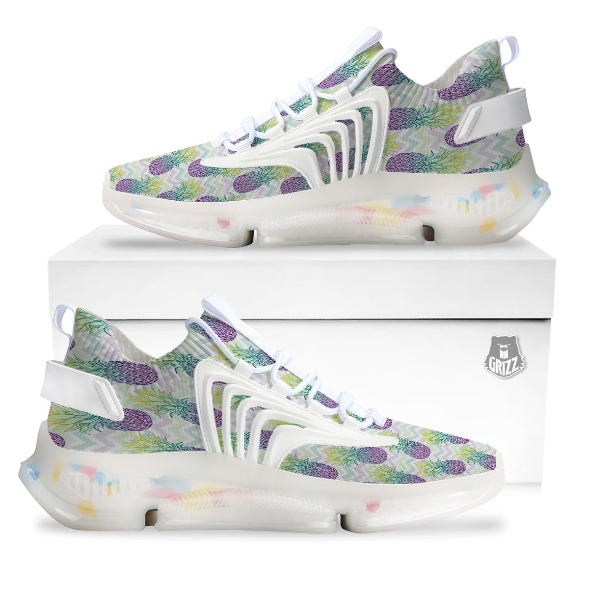 Zig Zag Pineapple Bright Print Pattern White Gym Shoes-grizzshop
