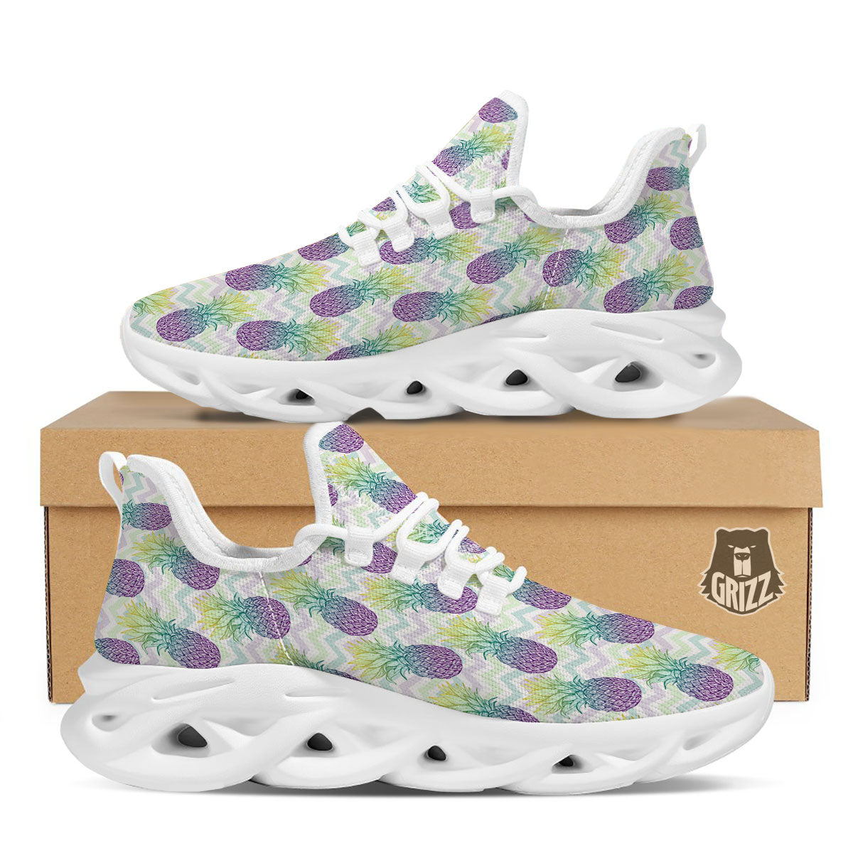 Zig Zag Pineapple Bright Print Pattern White Running Shoes-grizzshop