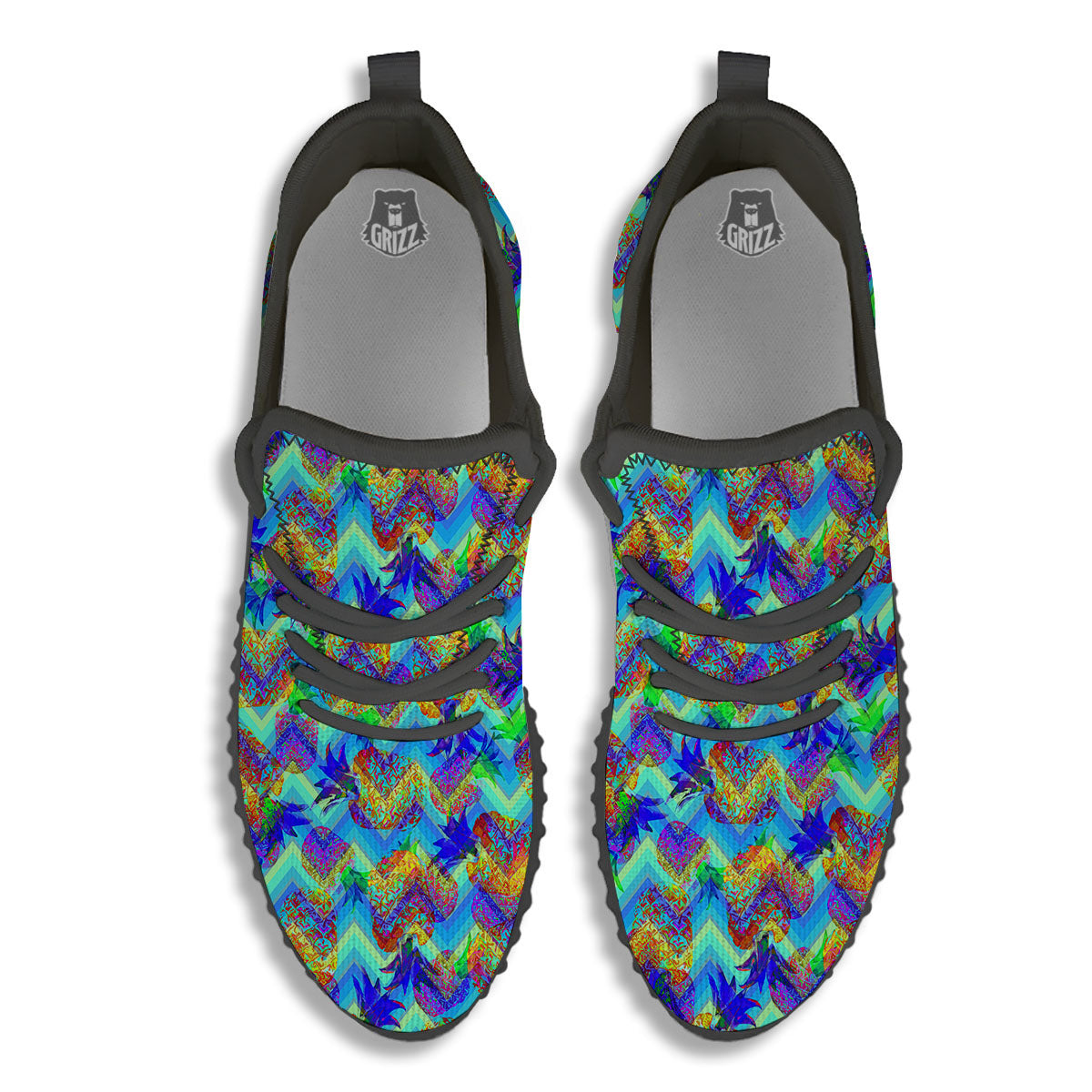 Zig Zag Pineapple Neon EDM Print Pattern Black Walking Shoes-grizzshop