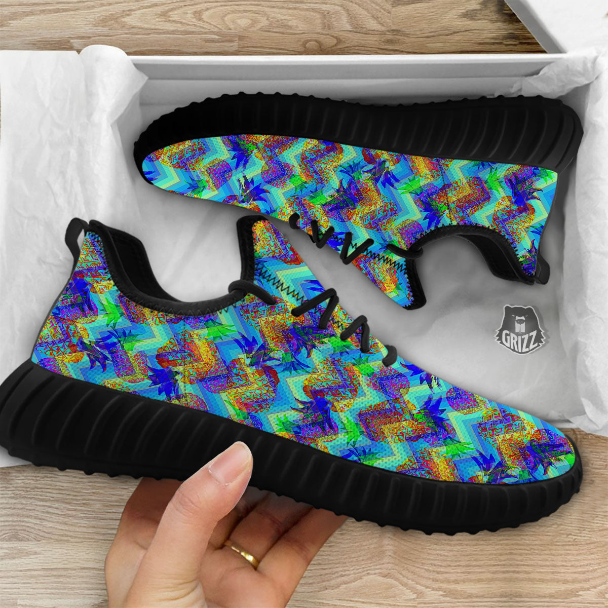 Zig Zag Pineapple Neon EDM Print Pattern Black Walking Shoes-grizzshop