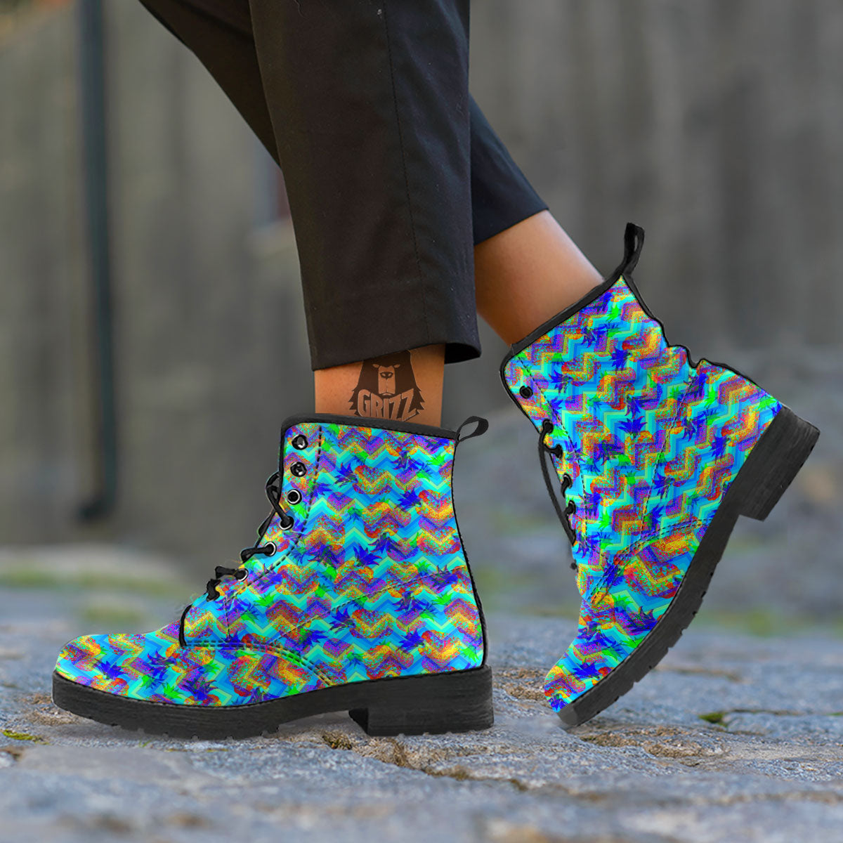 Zig Zag Pineapple Neon EDM Print Pattern Leather Boots-grizzshop