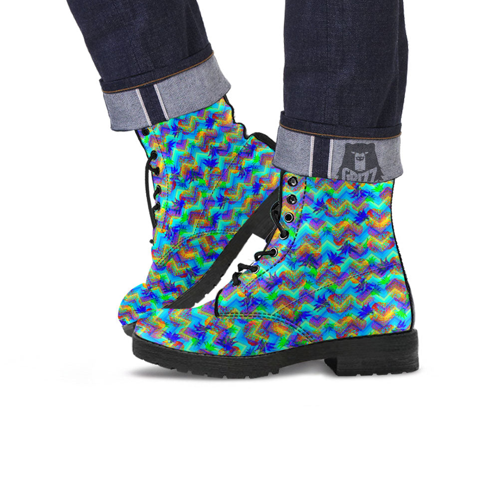 Zig Zag Pineapple Neon EDM Print Pattern Leather Boots-grizzshop