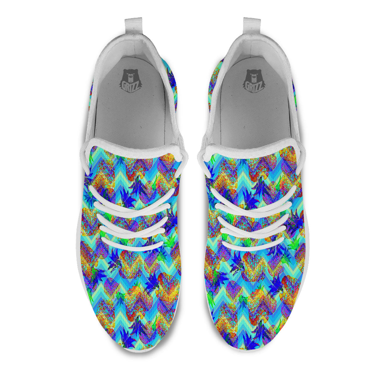 Zig Zag Pineapple Neon EDM Print Pattern White Athletic Shoes-grizzshop