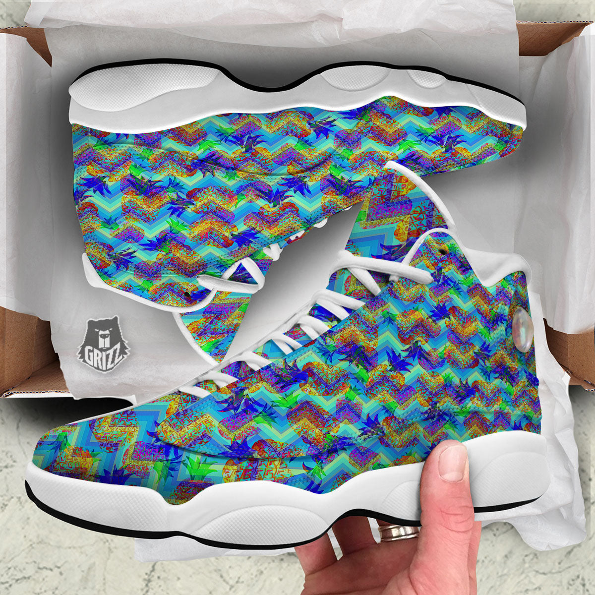 Zig Zag Pineapple Neon EDM Print Pattern White Basketball Shoes-grizzshop