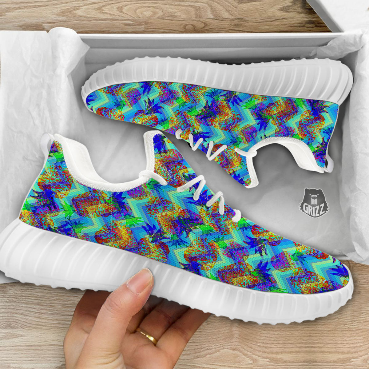 Zig Zag Pineapple Neon EDM Print Pattern White Walking Shoes-grizzshop
