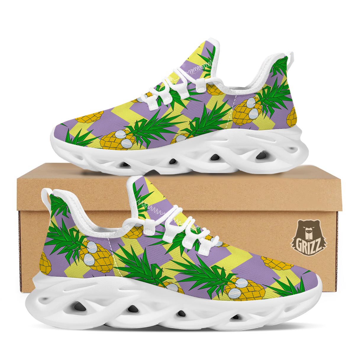 Zig Zag Pineapple Print White Running Shoes-grizzshop