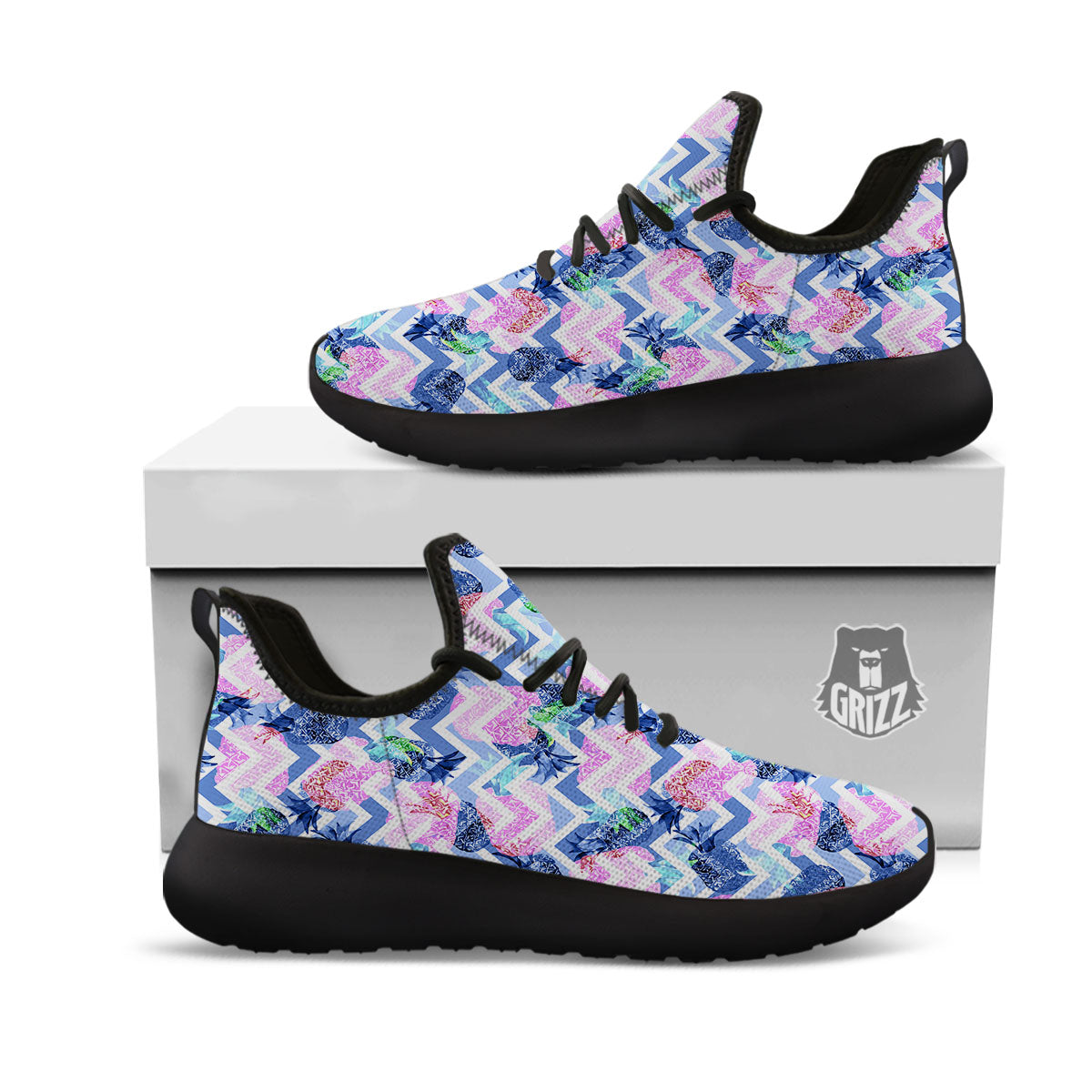 Zig Zag Pineapple Purple Print Pattern Black Athletic Shoes-grizzshop