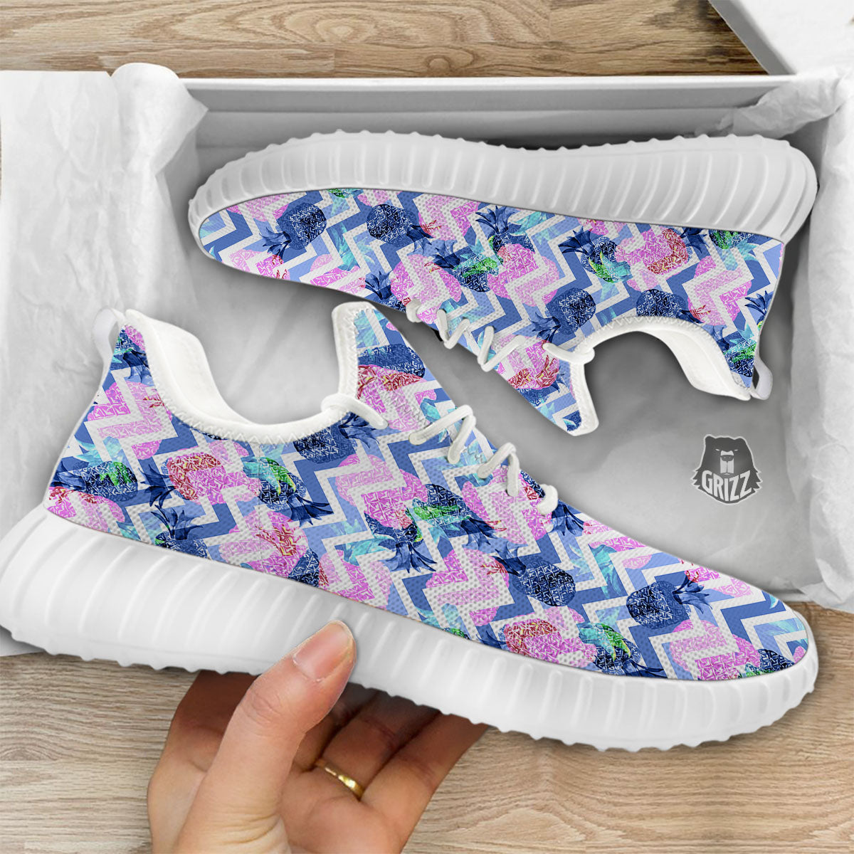Zig Zag Pineapple Purple Print Pattern White Walking Shoes-grizzshop
