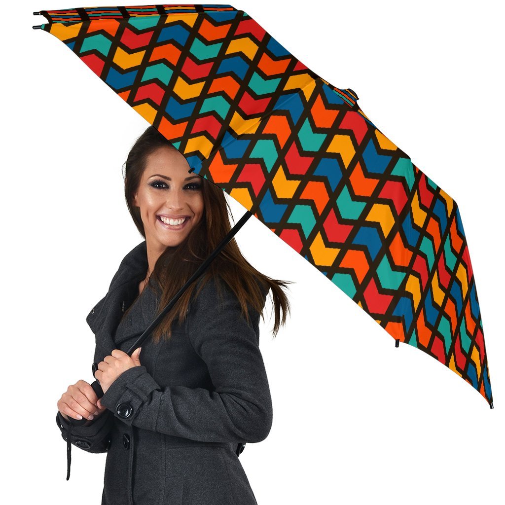 Zig Zag Colorful Pattern Print Automatic Foldable Umbrella-grizzshop