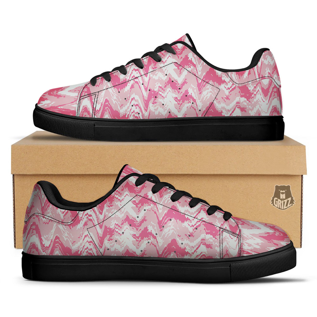 Zigzag Abstract Stripes Pink Print Pattern Black Low Top Sneakers-grizzshop
